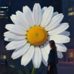 closeup, huge daisy flower head, a woman in modern city, surreal photography, night light, dark, impressionist painting, digital painting, artstation, simon stalenhag