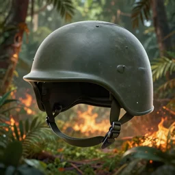 1969 US Army Helmet, 3d model, jungle on fire in the background, 8k, 3d render