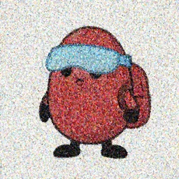 red bean shaped character with a light blue visor no arms and stubby legs wearing a round red backpack in a simplistic style