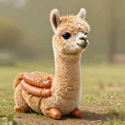 an alpaca head on top of a body made out of frankfurter sausages