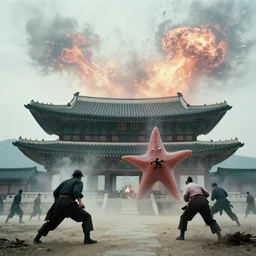 a filmstill of a north korean monster movie, kaiju - eiga monster starfish - like trampling a traditional korean palace, foggy, film noir, epic battle, etheral, explosions, communist starfish, thriller, by wachowskis and robert eggers, video compression