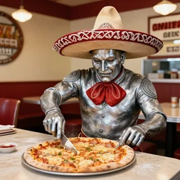 metallic terminator wearing a sombrero, baking a pizza in an american restaurant,