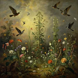 'Life from death' An aesthetic horror landscape painting depicting 'A slaughterhouse with plants and flowers growing all over it, birds and insects flying all around it' by Rembrandt, Trending on cgsociety artstation, 8k, masterpiece, cinematic lighting, highly detailed, vibrant colors.