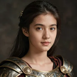 close - up portrait of beautiful young woman dressed gladiator with metallic armor, art by vinoodh matadin