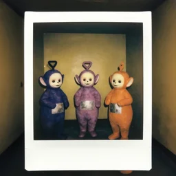 worn out teletubbies, backrooms, low key, cinematic shot, liminal space, polaroid