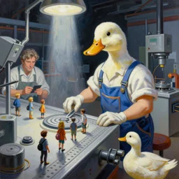 A mixed media painting of a duck worker in a factory with little humans on the production line, by Frank Frazetta, Greg Rutkowski, Beeple, post-processing, low angle, masterpiece, cinematic, isometric, volumetric lighting