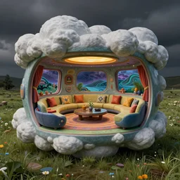 highly detailed!!!! sculpture!!!!, depicting a!! futuristic lounge room!! on the edge of a meadow with billowing clouds. ( sculpture styling influenced by norman rockwell + frank frazetta + syd mead ) ( rich colors, high contrast, gloomy atmosphere )
