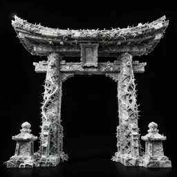 a photorealistic render of a japanese gate, with thorns in neotribal style, on a black background, greyscale, made of melted plastic and marble, c 4 d, by zhelong xu ouchh studio and ernst haeckel, wide angle, hyper realistic, plain black background, 8 k, volumetric lightning, octane render
