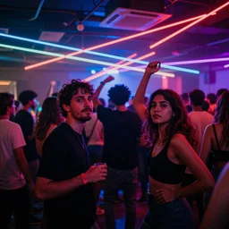 friends dancing at an alternative concert facing / looking the camera, crowd in the back, neon lines, colorful, very abstract style