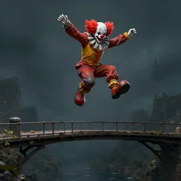 clown jumping from a bridge, concept art, artstation, dark, highly detailed, 4 k