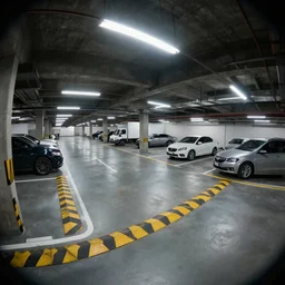 highly detailed underground parking garage, cars, trucks, fisheye, fluorescent ceiling lights, (curbs), (speed bumps), (pavement markings), by Beeple and Syd Meade, concept art, octane render, 8k HDR, artstation