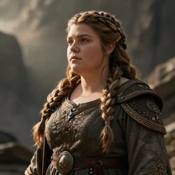 female dwarven noblewoman, chubby short stature, braided intricate hair, by craig mullins