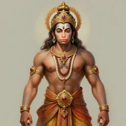 a full body portrait of beautiful ornated hanuman!!!! god with flowing medium hair, soft facial features, kind appearence, digital art by krishen khanna and madhvi parekh, symmetrical body, artgerm, portrait, muted color scheme, highly detailed, outrun art style