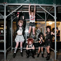 Night flash photography of punk and goth kids hanging from scaffolding and in various poses in front of shuddered NYC stores photographed by Cindy Sherman