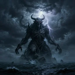 cthulhu rising above the ocean, ominous, dark clouds, storm, lighting storm, lovecraft