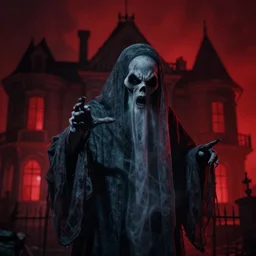 A ghastly wraith haunts its mansion, shadows, matte painting, close angle, ghost, angry, red lighting, gloomy