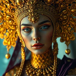 an intricate artistic klimt golden motives and textures, hyper detailed, ornamental gold headpiece, octane render, vivid colors, artstation, by jeremy mann, by alphonse mucha, by boris vallejo