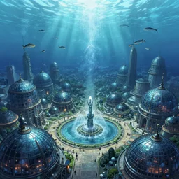 A bustling beautiful city on the sea floor made of black steel and glass domes, anime, fountain, statue, under water, rapture, fish flying over head, godrays, a fantasy digital painting by Greg Rutkowski and James Gurney, trending on Artstation, highly detailed