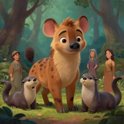 a beautiful painting of a cute brown hyena. gray otter. in a forest. disney character design by cory loftis, fenghua zhong, ryohei hase, ismail inceoglu and ruan jia. artstation, volumetric light, detailed, photorealistic, rendered in octane