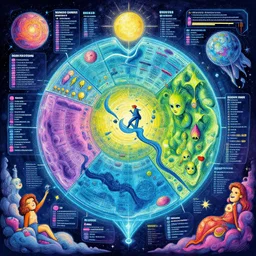 infographic of a heavenly realm split into regions with population information and statistics in the style of a three dimensional hologram highly detailed digital saturated colors full color inked drawn by wlop and bob ross and lisa frank