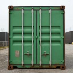 rusty green shipping container, overcast, underexposed,