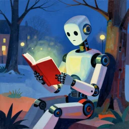 A robot reading a book in a park, winter evening, lights, colorful, in the style of Umberto Boccioni
