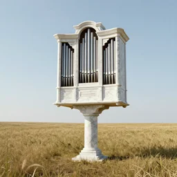 a detailed render of an isolated lonely marble pipe organ, in the middle of a field, supported by a lone stone column, trending on artstation, render, 3 d, octane, 4 k, 8 k, unreal engine, cinema 4 d