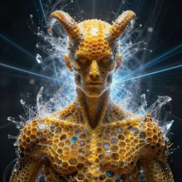 demon with honeycomb skin, photorealistic, technical, royo, frazetta, laser light, crystalline shimmers, chaos, complexity, emergence,