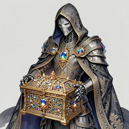 omnipotent treasure!!!! assassin, matte concept art, intricate linework, precious! ornate! hooded cybernetic! colorful!!!!!!! luminous precious gems gothic crystals!!!! baroque magical armor cloak!!, clear focus, iridescent!!!!!, realistic, wlop, chebokha, rutkowski, artgerm