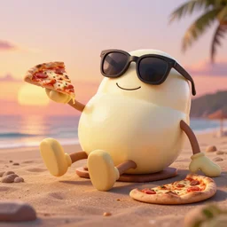 mozzarella character with sunglasses relaxing on the beach with a pizza in the sunset, extremely detailed 3 d render, octane render, octane, reflection, refraction, evening sky, trending, deviantart, artstation
