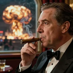 Mr. House, high detail of the face, looks at the nuclear explosion from the window of the Lucky 38 Casino and smokes a cigar; ultra HD, realistic, retro, 45mm, elegant,