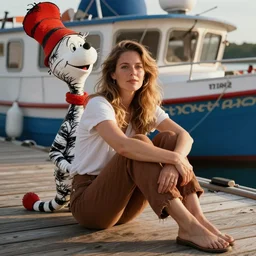 a woman sitting on a dock in front of a boat, a character portrait by seuss dr, cg society, ecological art, associated press photo, complementary colors, global illumination