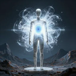 manikin made of marble, fractal neon explosion revealing a portal to a vaporwave paracosm, mountains in background, rule of thirds, clean linework, dramatic, moody, introspective, cinematic, award winning, 4 k, trending on artstation, photorealistic, volumetric lighting, octane render