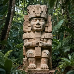 ancient aztec statue of leonardo di caprio in the middle of a jungle