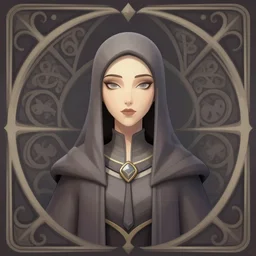 masterpiece symmetrical centered bust-view portrait, Maya Ali as D&D sorcerer, single head, Neo-Gothic, Art Nouveau style, cell shaded, wizard robe, fantasy, delicate, elegant, in the style of Ross Tran and Alphonse Mucha and Ayami Kojima and Charlie Bowater and Jean Delville, tarot card style, cinematic specular lighting, rich bright colours
