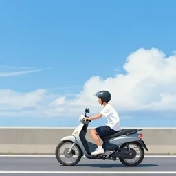a teenager riding a motorcycle on the seawall with blue sky and white clouds in the distance, by otomo keyang