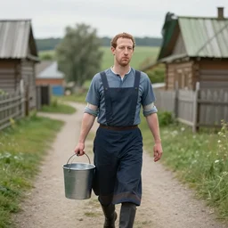 sad mark zuckerberg in a dress carries a bucket of water along the path, russian village, realism, maximum detail, high quality, depth of field, soft light, proportions, composition, classicism painting,