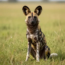 an african wild dog sitting up and alert on the african plains, friendly, long grass, sparkling water, glistening, hyper realistic, hyper detailed, digital art, trending in artstation, cinematic lighting, studio quality, smooth render, unreal engine 5 rendered, octane rendered, by paul lehr