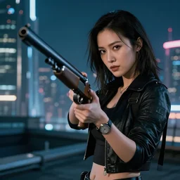 photographic portrait of a techwear woman holding a shotgun, holding gun down, closeup, on the rooftop of a futuristic city at night, sigma 85mm f/1.4, 4k, depth of field, high resolution, full color, award winning photography, Kill Bill, John Wick, Die Hard, movies with guns, movie firearms