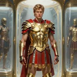 Sam Hyde wearing a futuristic Roman warrior armor with gold and red details, exposed in cryo chambers by James Jean, intricate, elegant, highly detailed, centered, digital painting, artstation, concept art, smooth, sharp focus, illustration, by Peter Mohrbacher, WLOP