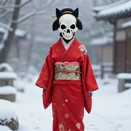 a full body geisha with a cat skull head, wearing a red kimono, standing in the snow cinematic octane render 8 k trending on artstation