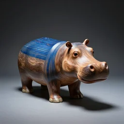 dramatic lighting, studio zeiss 1 5 0 mm f 2. 8 hasselblad, a photo of a model hippo made of repurposed elm wood composite mixed with straight lines blue epoxy resin, award - winning photo