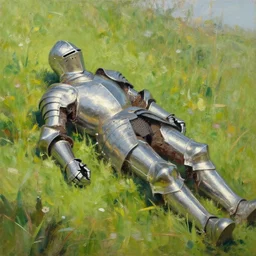 knight lying down on grassy hill on sunny day metal armor slight surface wear scratches lazy afternoon impressionist painting