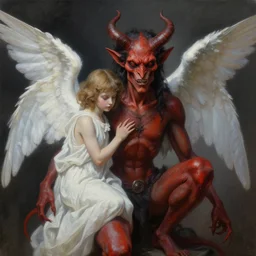 a demon with an angel in the style of John Kenn Mortensen, realistic painting, high definition, digital art, matte painting, very detailed, realistic