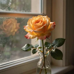 The rose is placed in a vase on a windowsill. The light from the window casts a warm, golden glow on the petals of the rose, making them appear illuminated. The colors in the painting are soft and muted, giving the overall impression of a tranquil scene.