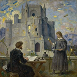the alchemist's laboratory fortress by greg rutkowski and claude monet, oil on canvas