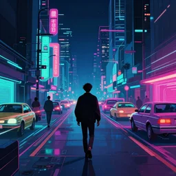 a person walking down a street at night, cyberpunk art by liam wong and rhads and elsa bleda, instagram contest winner, cgsociety, pexels, retrofuturism, panfuturism, interactive art, outrun, retrowave, anime aesthetic, nightscape