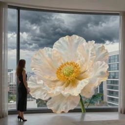 closeup, giant flower head, woman next to modern windows, luxury apartment, surreal photography, storm clouds, impressionist painting, digital painting, artstation, james gilleard