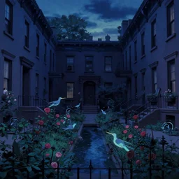 between two 19th-century Brooklyn brownstone buildings, a surreal small twilight creek-garden, rose-brambles, lambent-birds, mystery-magic, serene overcast atmosphere, midnight-blue, blue-black, royal-blue, navy-blue, cinematic, edge-to-edge print, rendered by Studio Ghibli, Alyssa Monks, Andreas Rocha, David Kassan, Neil Blevins, Tuomas Korpi, ArtGerm CEL SHADED CLASSICAL ANIMATION CEL.