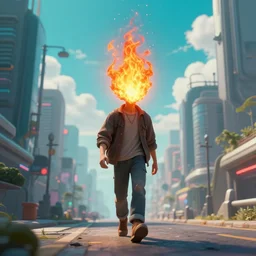 a man walks happily down the street with his head of flames, in a futuristic cyberpunk city, the sky is a turquoise blue with beautiful white fluffy clouds, hyper realism volumetric lighting